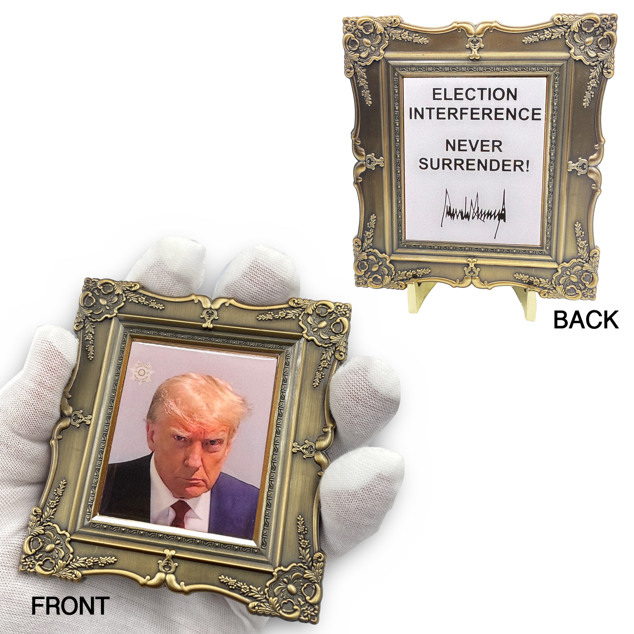 EL10-002 Large President Donald J. Trump Mugshot photo frame challenge coin MAGA No Surrender